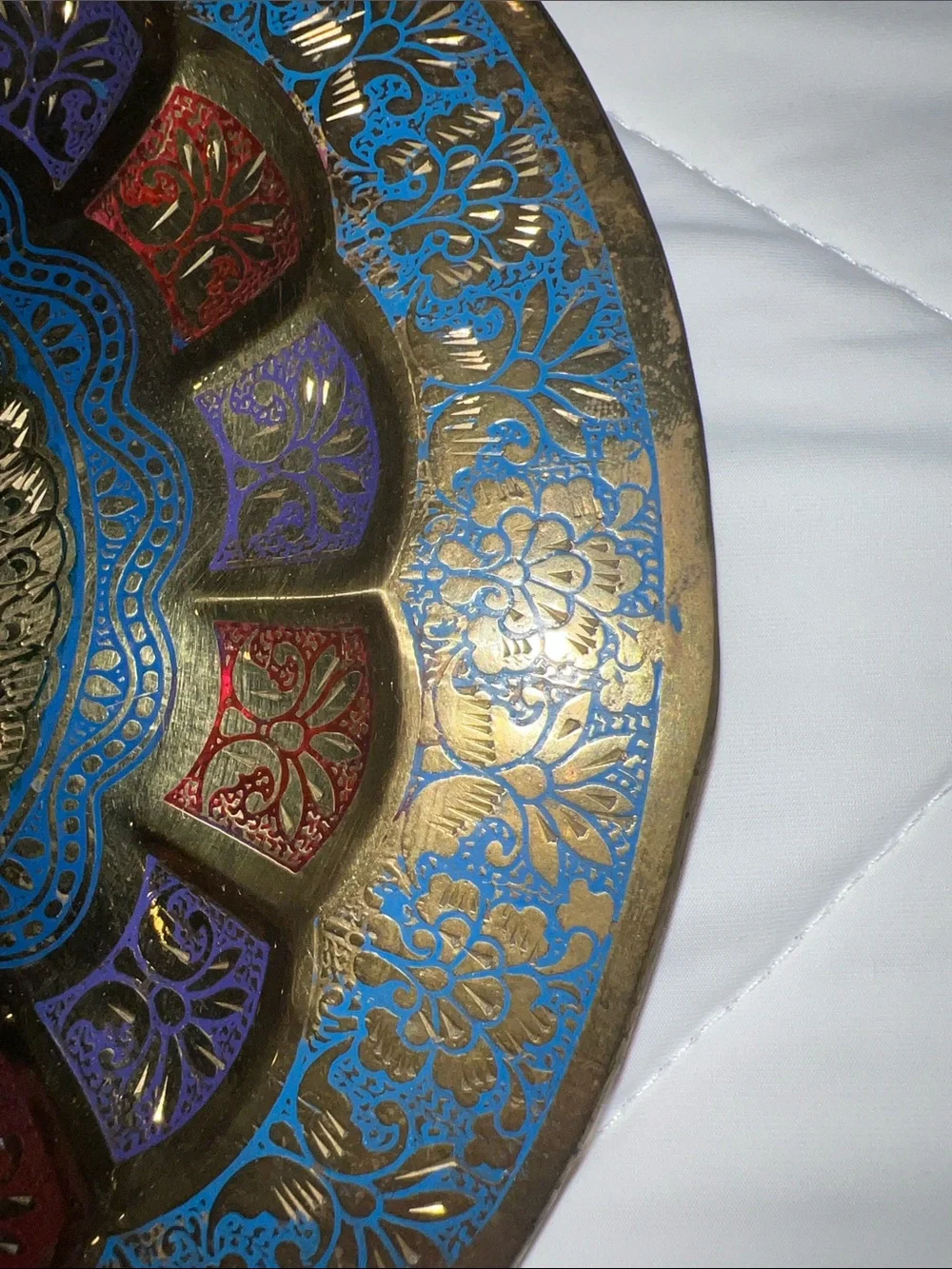 4 Decorative Peacock Brass Wall Plates. Gold w Purple, Blue, Black & Red Accents